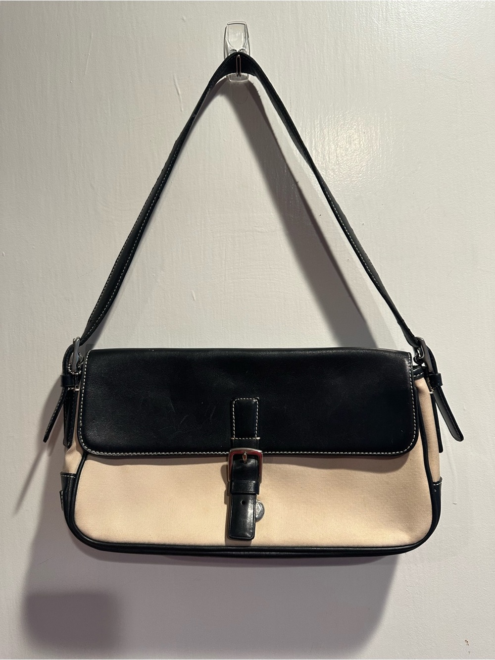 Coach Black and Cream Shoulder Bag with Buckle Flap
